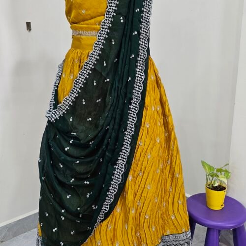 Crushed Chinon Semi-Stitched Lehenga Set with Rich Work Border