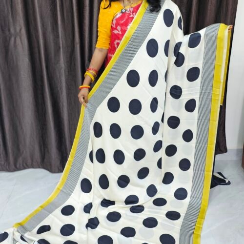 Polka Dot Soft Malai Silk Saree with Contrast Border & Black Blouse