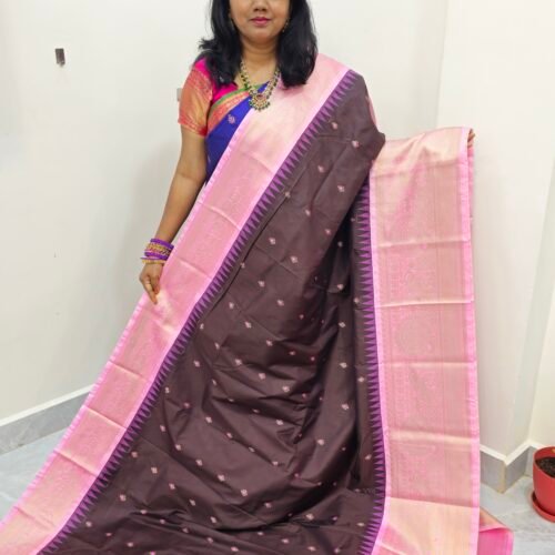 Traditional Premium Gadwal Saree with Contrast Kanchi Border – Brown - SG1061