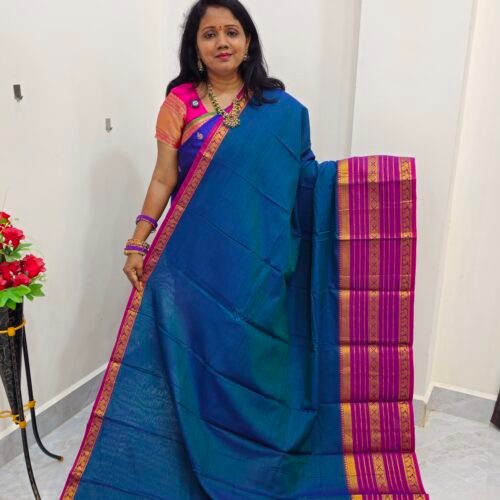 Pure Mercerised Narayanpet Saree – Peacock Blue with Contrast Border NP1063