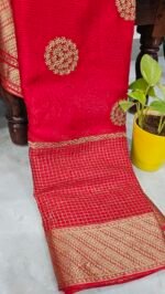 Red Pure Chiffon Saree with Chakra Embroidery Butties and Rich Zari Border – PCR2661 by Sasu Fashions
