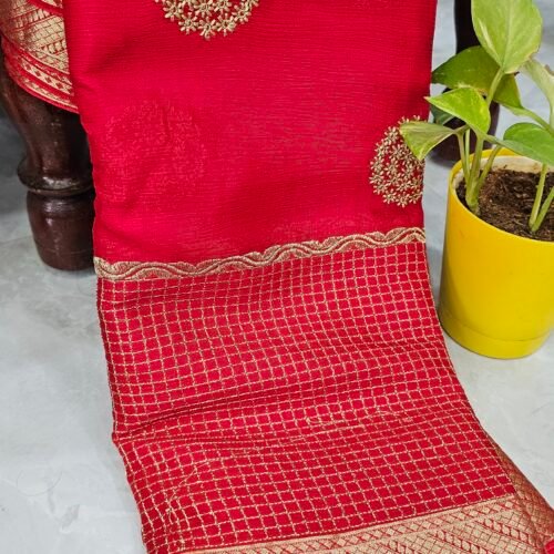 Red Pure Chiffon Saree with Chakra Embroidery Butties and Rich Zari Border – PCR2661 by Sasu Fashions