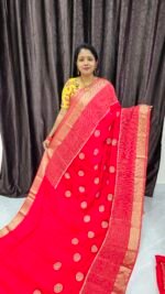 Red Pure Chiffon Saree with Chakra Embroidery Butties and Rich Zari Border – PCR2661 by Sasu Fashions