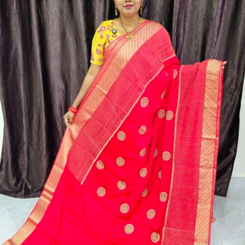 Red Pure Chiffon Saree with Chakra Embroidery Butties and Rich Zari Border – PCR2661 by Sasu Fashions