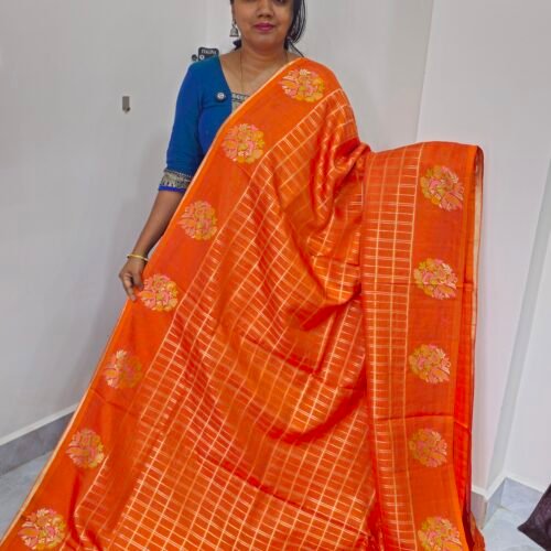 Orange Mango Silk Saree with Meena Weaving and Peacock Butties – RMC2561
