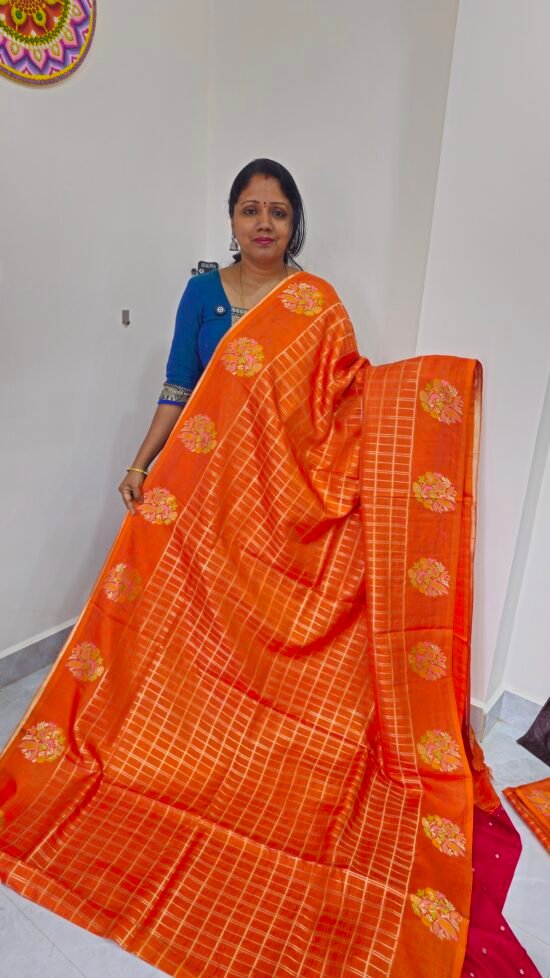 Orange Mango Silk Saree with Meena Weaving and Peacock Butties – RMC2561