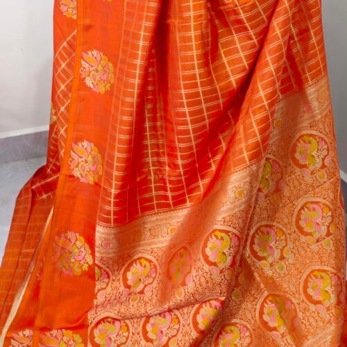 Orange Mango Silk Saree with Meena Weaving and Peacock Butties – RMC2561