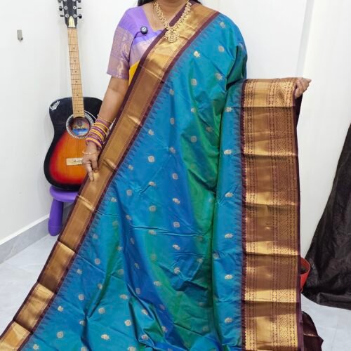 Premium Peacock Blue Kanchi Gadwal Silk Saree with Contrast Zari Border and Rich Pallu