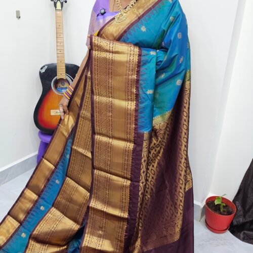 Premium Peacock Blue Kanchi Gadwal Silk Saree with Contrast Zari Border and Rich Pallu