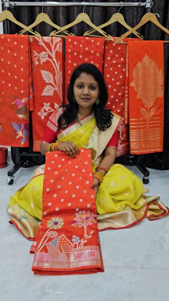 RW Mango Silk Saree in Orange – POT071 with Ocean Border and Brocade Blouse