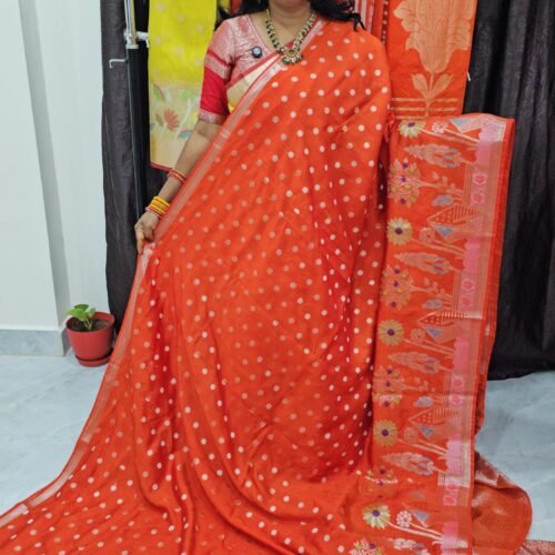 RW Mango Silk Saree in Orange – POT071 with Ocean Border and Brocade Blouse