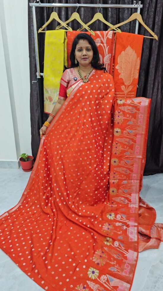 RW Mango Silk Saree in Orange – POT071 with Ocean Border and Brocade Blouse
