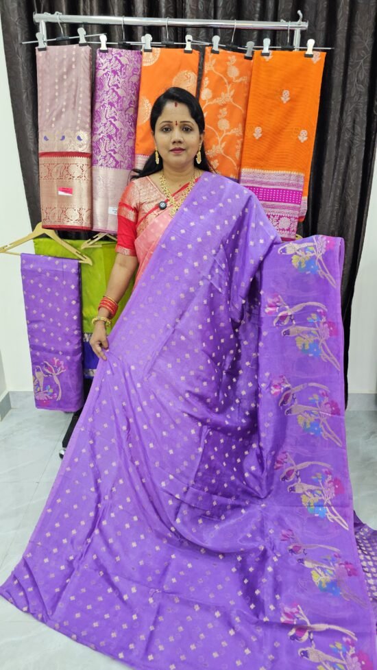 Lavender paper silk saree with Jamdani weaving – lightweight pattu look – PS7251