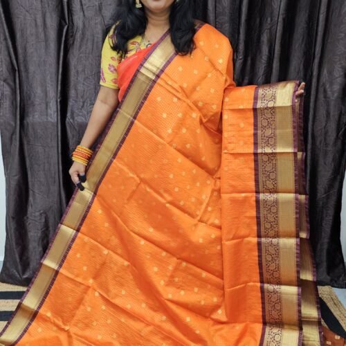 Orange Semi Kanchi Saree with Contrast Border and Vintage Weaving – OBK2771