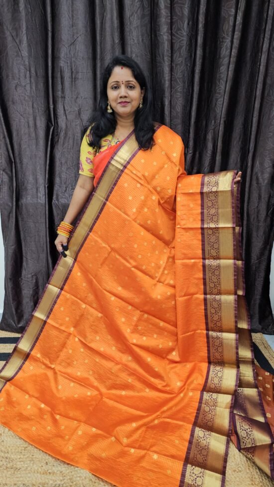 Orange Semi Kanchi Saree with Contrast Border and Vintage Weaving – OBK2771