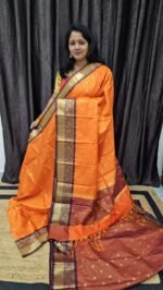 Orange Semi Kanchi Saree with Contrast Border and Vintage Weaving – OBK2771