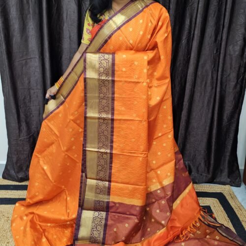Orange Semi Kanchi Saree with Contrast Border and Vintage Weaving – OBK2771