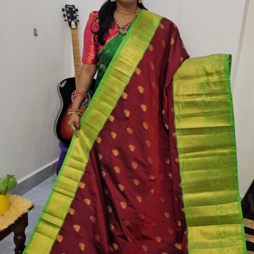 KG2871-4 – Maroon Kanchi Gadwal Saree with Turning Border and Grand Zari Pallu