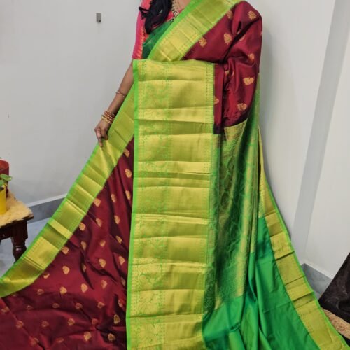 KG2871-4 – Maroon Kanchi Gadwal Saree with Turning Border and Grand Zari Pallu