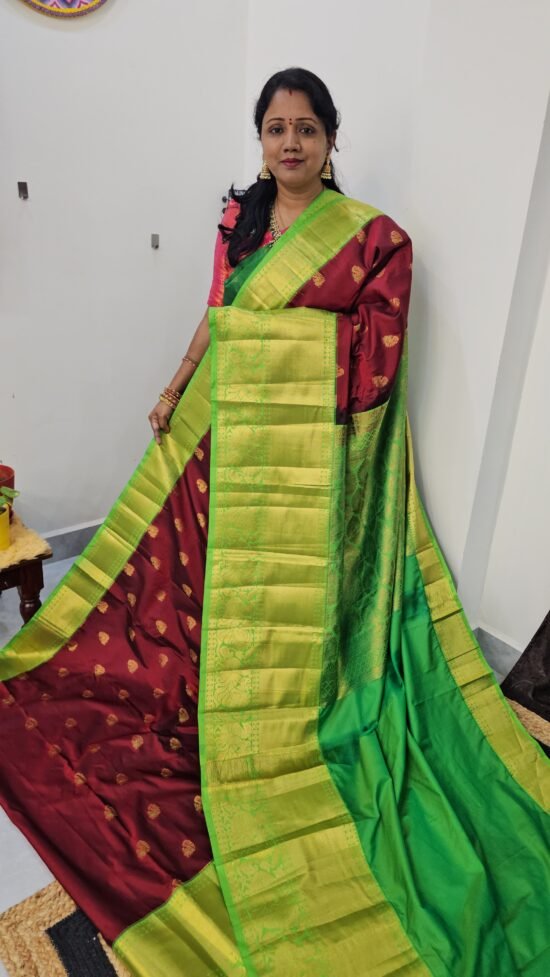 KG2871-4 – Maroon Kanchi Gadwal Saree with Turning Border and Grand Zari Pallu