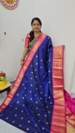 KG2871-3 – Blue with Pink Border Kanchi Gadwal Saree with Turning Border and Grand Zari Pallu