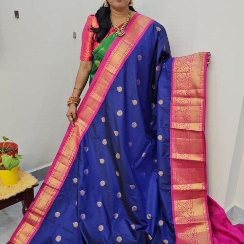 KG2871-3 – Blue with Pink Border Kanchi Gadwal Saree with Turning Border and Grand Zari Pallu