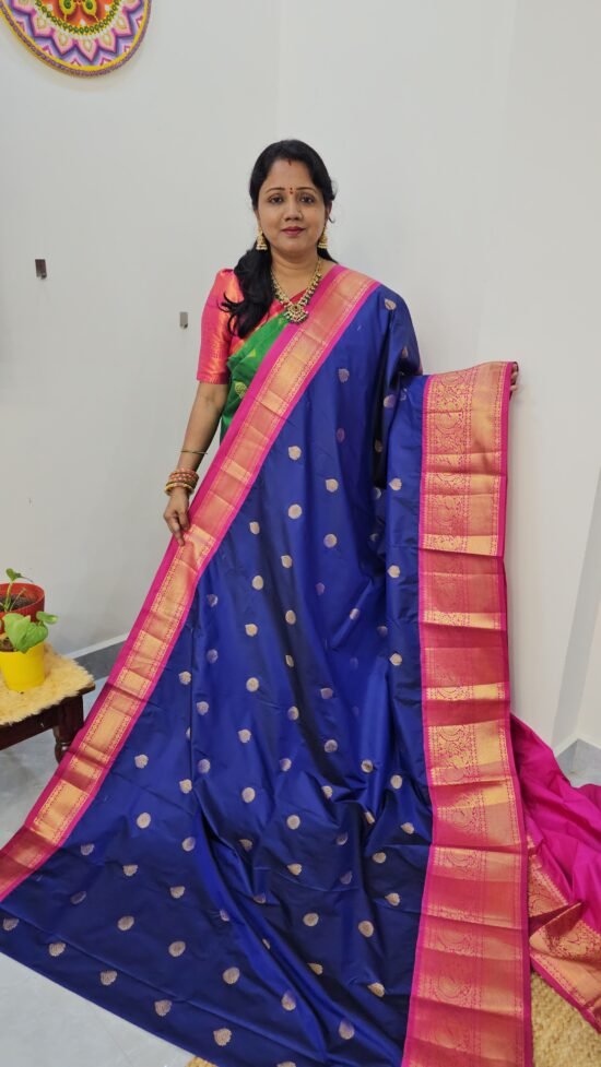KG2871-3 – Blue with Pink Border Kanchi Gadwal Saree with Turning Border and Grand Zari Pallu