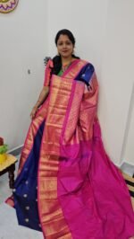 KG2871-3 – Blue with Pink Border Kanchi Gadwal Saree with Turning Border and Grand Zari Pallu