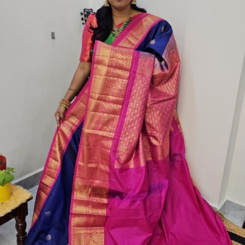 KG2871-3 – Blue with Pink Border Kanchi Gadwal Saree with Turning Border and Grand Zari Pallu