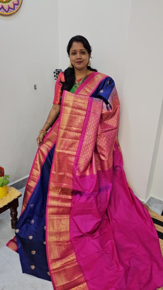 KG2871-3 – Blue with Pink Border Kanchi Gadwal Saree with Turning Border and Grand Zari Pallu