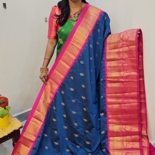 KG2871-2 – Peacock Blue Kanchi Gadwal Saree with Turning Border and Grand Zari Pallu