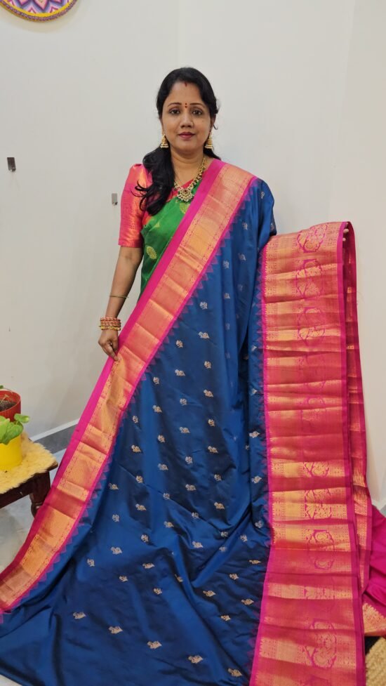 KG2871-2 – Peacock Blue Kanchi Gadwal Saree with Turning Border and Grand Zari Pallu