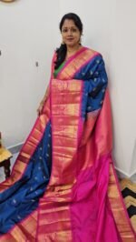 KG2871-2 – Peacock Blue Kanchi Gadwal Saree with Turning Border and Grand Zari Pallu