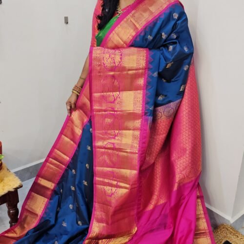KG2871-2 – Peacock Blue Kanchi Gadwal Saree with Turning Border and Grand Zari Pallu