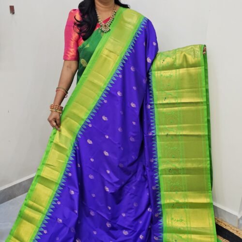 KG2871-1 – Blue with Green Border Kanchi Gadwal Saree with Turning Border and Grand Zari Pallu