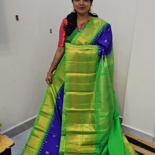 KG2871-1 – Blue with Green Border Kanchi Gadwal Saree with Turning Border and Grand Zari Pallu