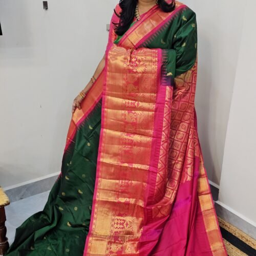 KG2871 – Bottle Green Kanchi Gadwal Saree with Turning Border and Grand Zari Pallu