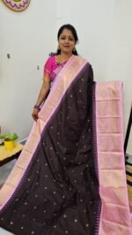 Premium Gadwal Saree BP811 in Brown with Baby Pink Border – Zari Butties and Grand Pallu – Sasu Fashions