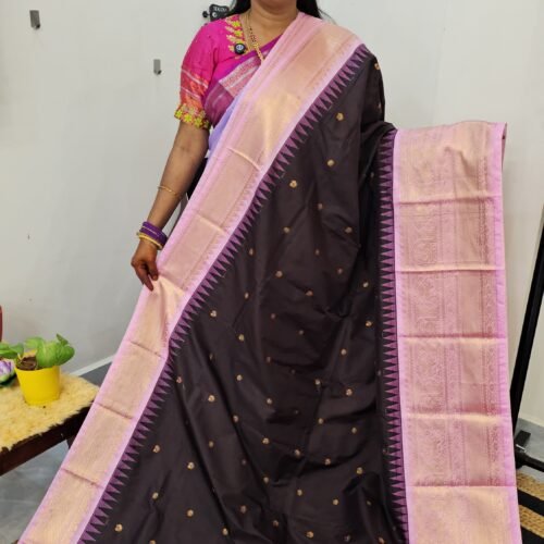 Premium Gadwal Saree BP811 in Brown with Baby Pink Border – Zari Butties and Grand Pallu – Sasu Fashions