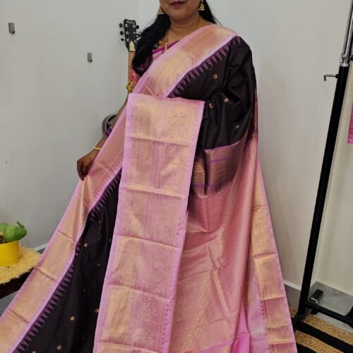 Premium Gadwal Saree BP811 in Brown with Baby Pink Border – Zari Butties and Grand Pallu – Sasu Fashions
