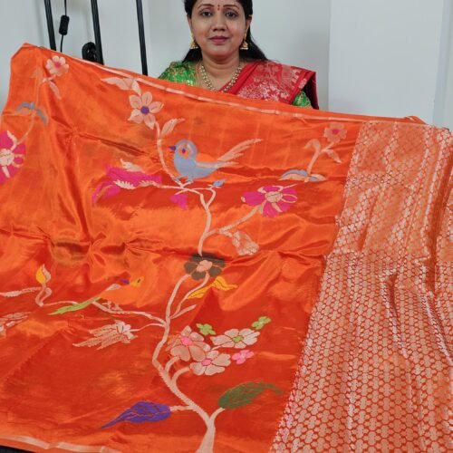 Orange Paper Silk Jamdani Saree PSJ14 – Lightweight Pattu Saree with Rich Pallu