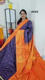 Vintage Gadwal Small Checks Saree OCG3 navy blue body with orange zari border full view