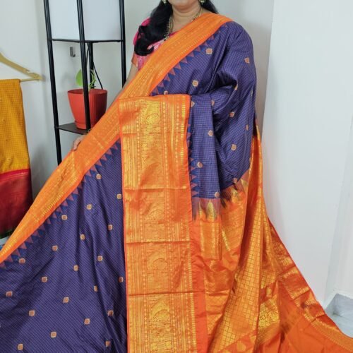 Vintage Gadwal Small Checks Saree OCG3 navy blue body with orange zari border full view