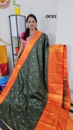 gadwal small checks saree, gadwal saree ocg1, green gadwal saree, gadwal saree with orange border, gadwal saree with meena butties, festive gadwal saree, wedding gadwal saree, traditional gadwal saree, gadwal silk saree
