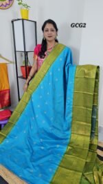 Vintage Gadwal Small Checks Saree Code GCG2 in sky blue with green border and grand pallu