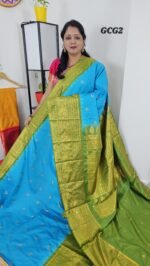 Vintage Gadwal Small Checks Saree Code GCG2 in sky blue with green border and grand pallu