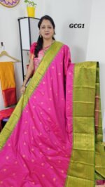 Vintage Gadwal Small Checks Saree Code GCG1 in pink with green border and grand zari pallu