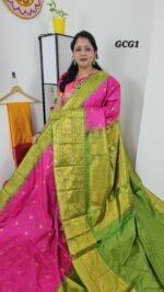 Vintage Gadwal Small Checks Saree Code GCG1 in pink with green border and grand zari pallu