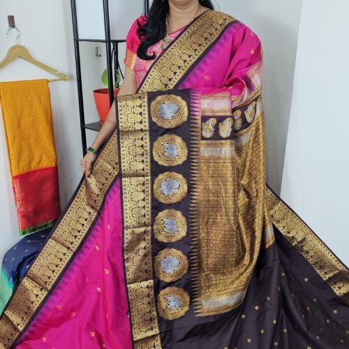 Premium Gadwal Turning Border Silk Saree TBG1 – Pink with Brown Contrast and Meena Weaving