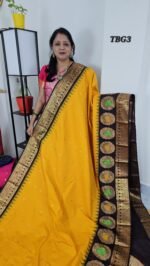 Premium Gadwal Silk Saree – Yellow with Brown Turning Border & Meena Weaving (TBG3)